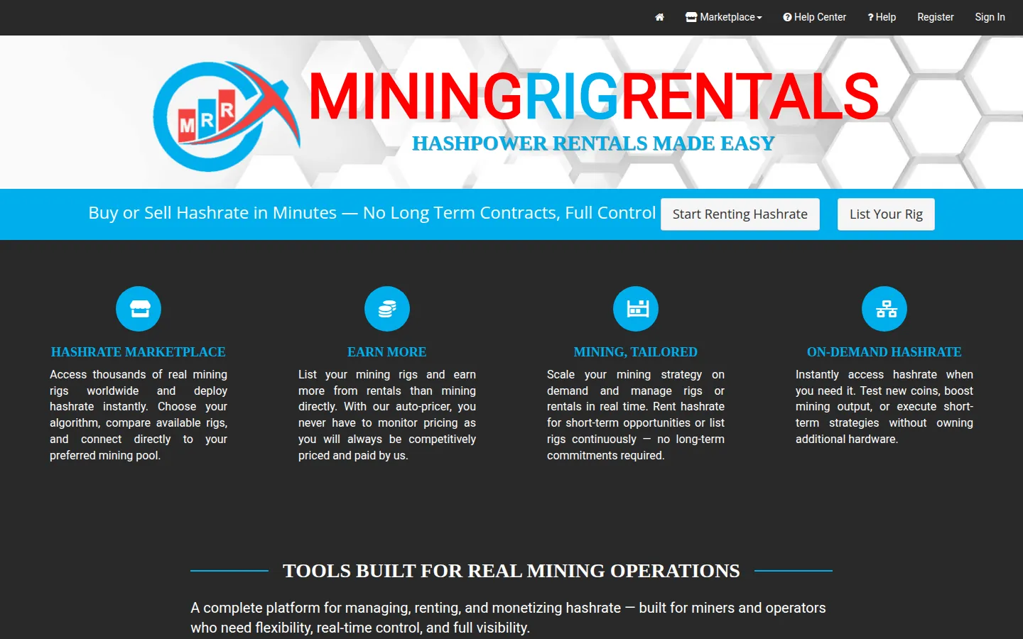 Screenshot: MiningRigRentals homepage