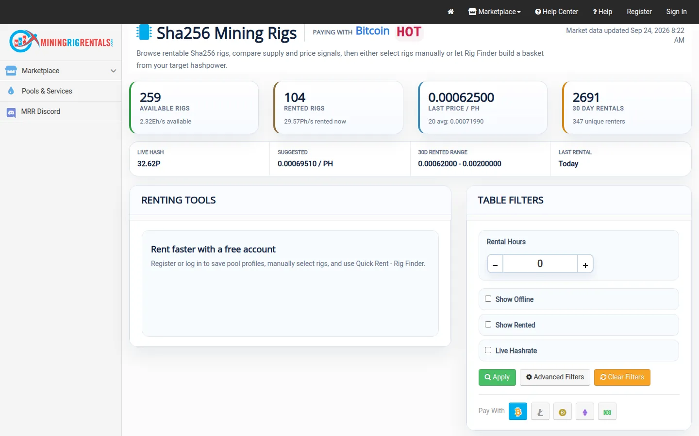 Screenshot: MiningRigRentals pricing page